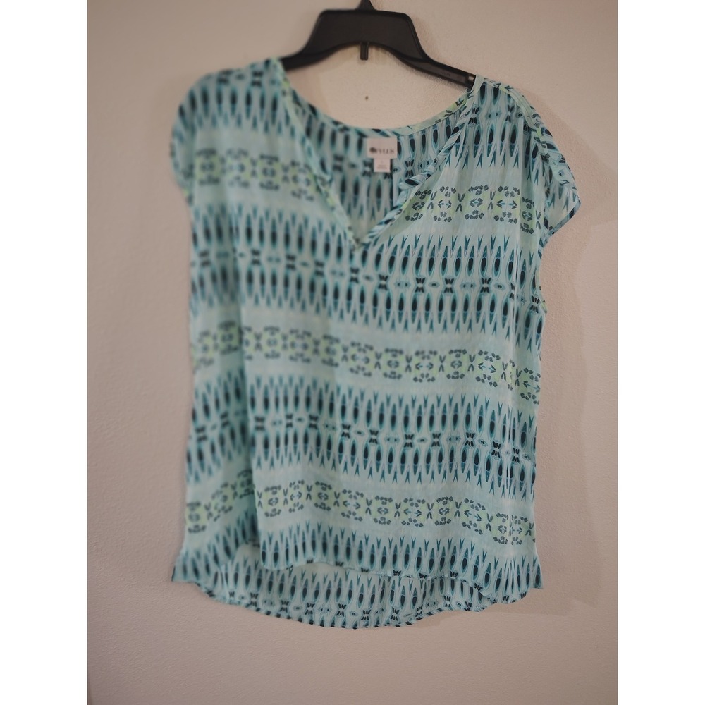 Stylus Womens Teal Aqua Geometric Ikat Print V-Neck Cap Sleeve‎ Blouse Large